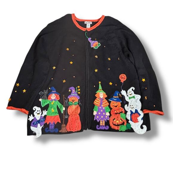 Vintage Y2K Black Halloween Cardigan 3X Witches Ghosts Pumpkins Appliqué Sweater - Picture 1 of 13